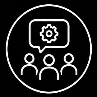 Service Redesign Icon People and gear representing service design, improvement, and operational needs.