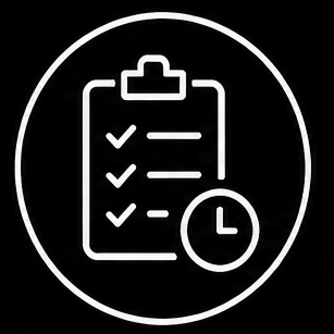 Project Management Icon Clipboard, checklist, and clock representing project planning and delivery.
